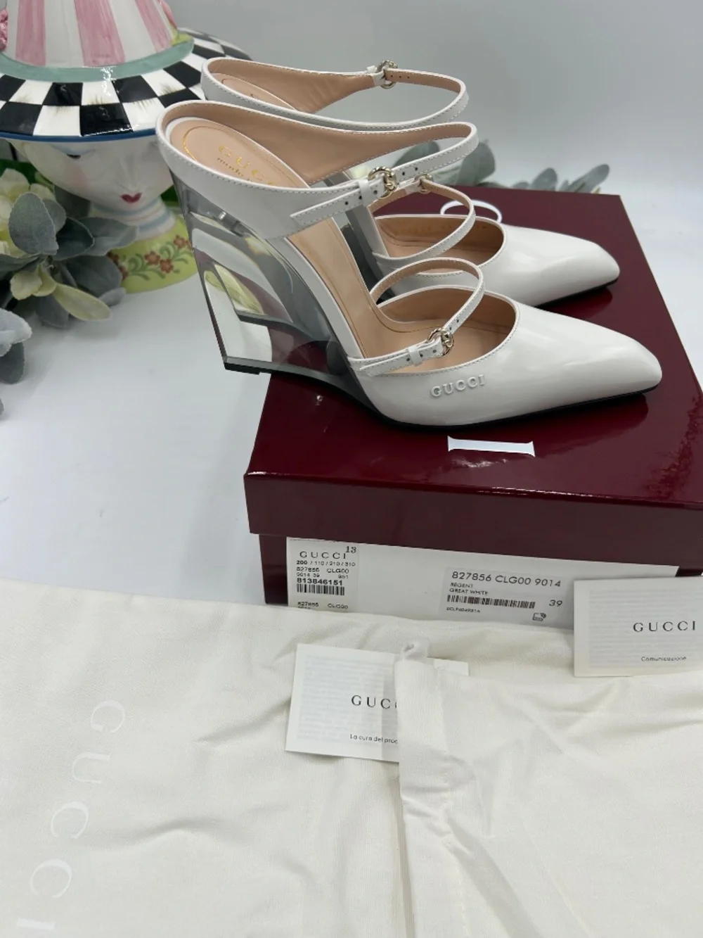 Women’s Gucci Christy Regent White Patent Leather Wedge Mules. Size 9.